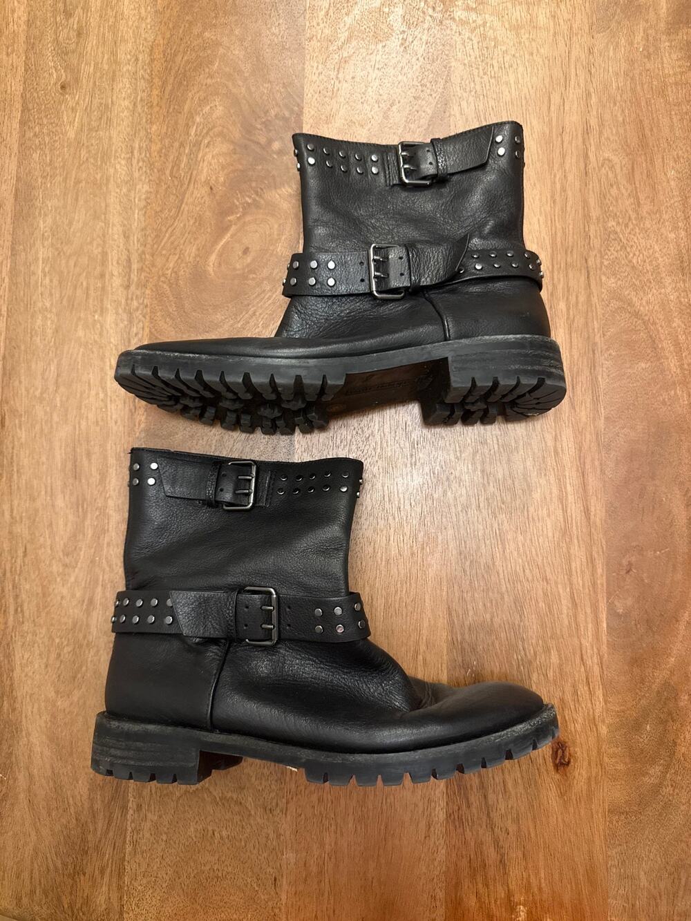 Gianni Bini Studded Leather Moto Ankle Boots — Black, Size 7